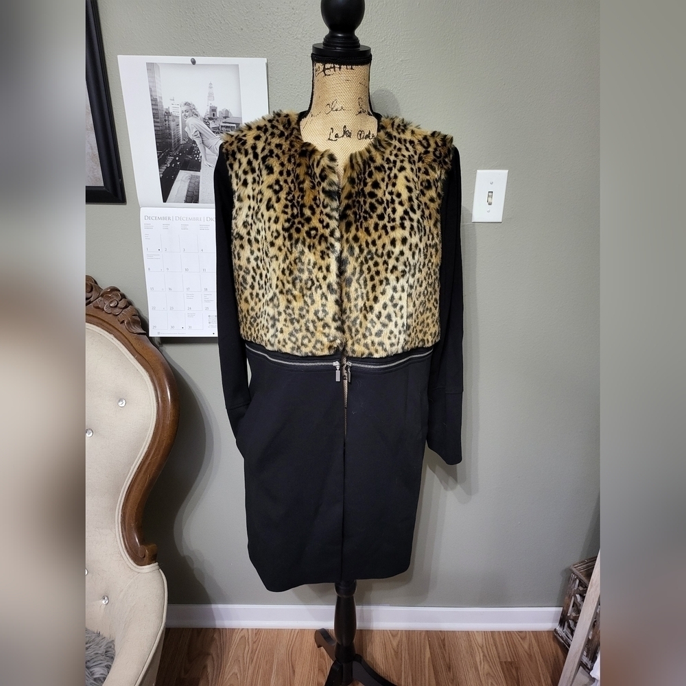 Chico's Faux Fur Animal Print Long Jacket Size 2